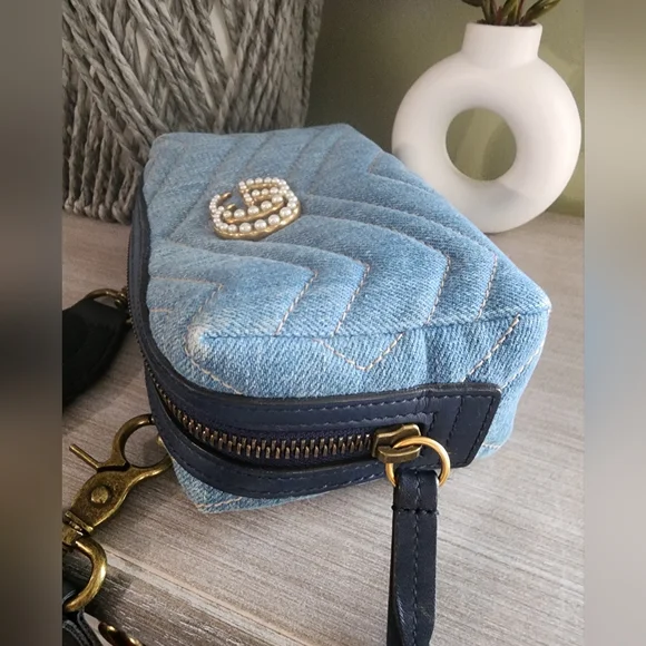 Gucci Marmont Denim Pouch Crossbody Bag Pearl GG Logo - Picture 5 of 13